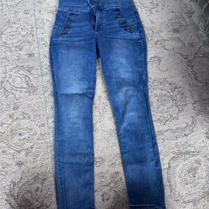 Express High-Rise Button-Pocket Skinny Jeans in Blue